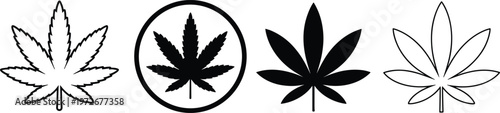 Set of black cannabis leaf vector icons including marijuana silhouettes and outline symbols for medical weed and hemp branding.