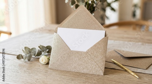 Gold Glitter Envelope with White Card on Wooden Table for Wedding Invitation