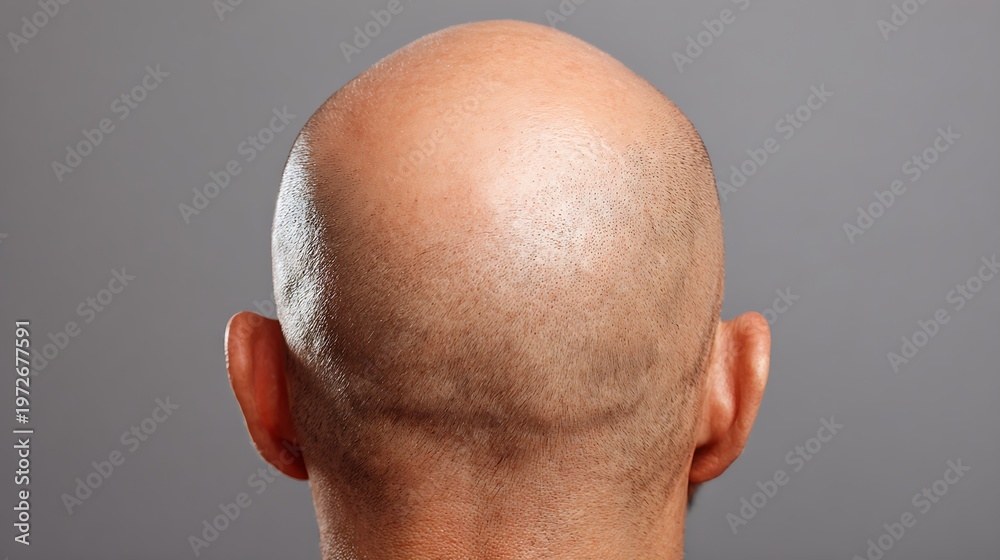 Fototapeta premium Back view of a completely bald man's head on a solid grey background