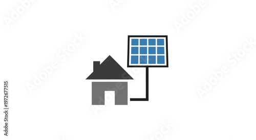 House icon connected to a detached solar panel, symbolizing home solar energy and renewable power system, isolated white background.