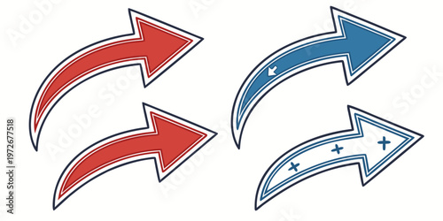 Close-up view of four red and blue paper airplanes in flight