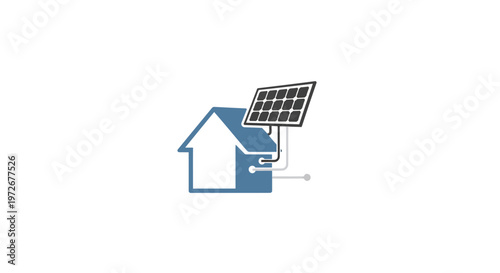 House icon with a solar panel on its roof, symbolizing solar powered home and smart energy solution, isolated white background.