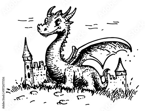 Friendly dragon standing next to medieval castle towers in hand drawn doodle style
