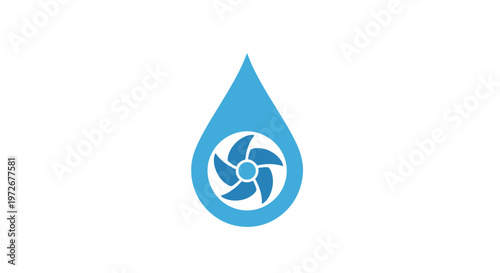 Blue water drop with fan turbine blades icon, symbolizing hydro power and clean energy, isolated white background.