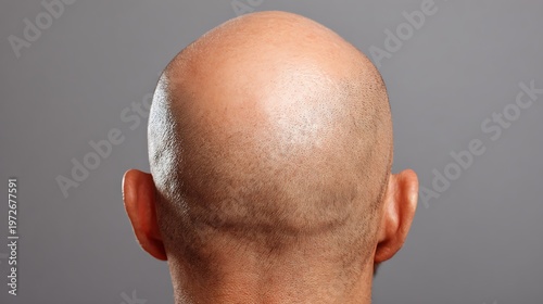 Back view of a completely bald man's head on a solid grey background