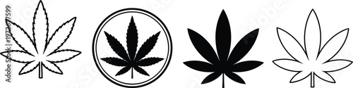 Set of black cannabis leaf vector icons including marijuana silhouettes and outline symbols for medical weed and hemp branding