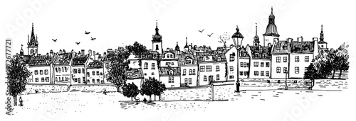 Old town cityscape with historical buildings and towers in hand drawn sketch style