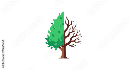 Icon of a Tree Half Green and Half Dry, Representing Environmental Degradation and Climate Impact on Isolated White Background.