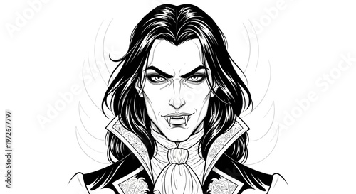 Gothic Vampire Illustration of a Mysterious Dark Fantasy Male Character with Fangs and Long Hair, Black and White Portrait