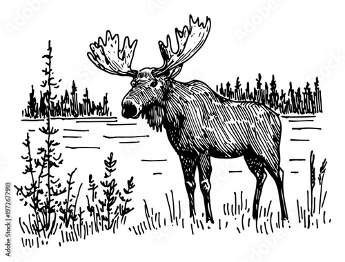 Moose with large antlers standing in forest landscape near water in hand drawn sketch style