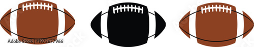 Set of American football vector icons with brown and black geometric ball shapes and white lacing for sports branding.