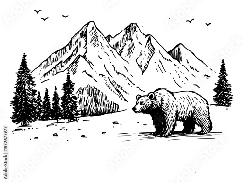 Brown bear in mountain wilderness with pine trees and birds in sketch style