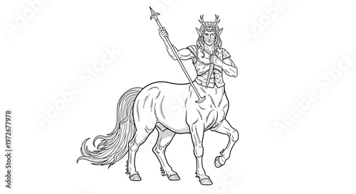 Mythological Horned Centaur Warrior Holding Spear, Fantasy Creature Line Art Illustration. Ancient Beast Drawing