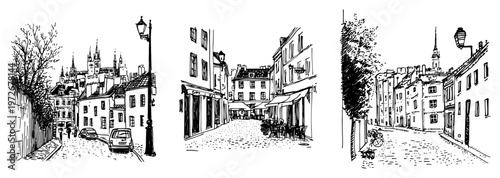 Old town street with historical buildings and narrow cobblestone alley in ink sketch style