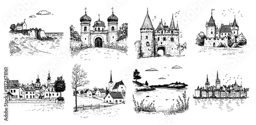 Rural village landscapes and historical church buildings set in hand drawn sketch style