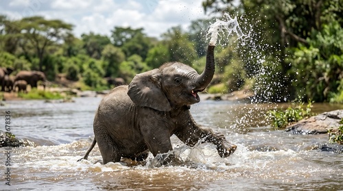 Baby Elephant Playing in Water Splash