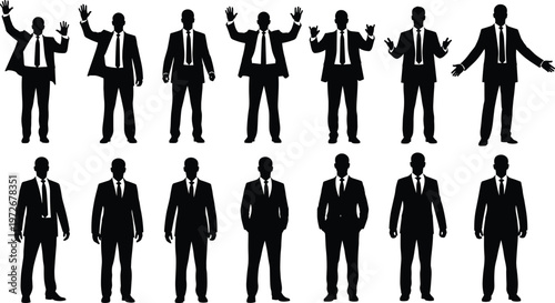 Business silhouettes, expressive gestures, professional attire, corporate lifestyle, workplace diversity, leadership communication, formal posture, success concept, modern design, illustration