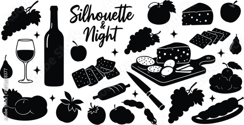 Elegant wine and cheese night silhouette collection a black and white culinary illustration