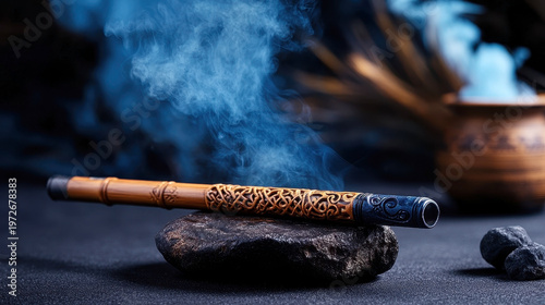 Intricate carved bamboo smoking pipe rests on a dark stone, emitting fragrant blue smoke, creating a mystical atmosphere