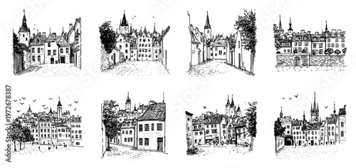 European old town architecture and narrow city streets in hand drawn sketch style