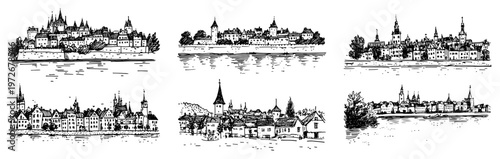 European medieval city skylines and town views across water in vintage hand drawn sketch style