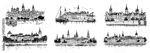 Coastal city views with ships and old town architecture in detailed hand drawn sketch style
