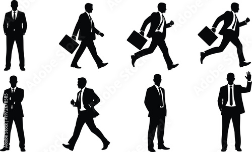 Business silhouettes, professional attire, corporate lifestyle, office teamwork, leadership roles, confident posture, workplace diversity, success concept, modern design, illustration