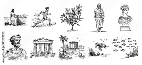 Ancient Greek set with philosopher temple ruins olive tree and athlete in hand drawn sketch style