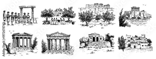 Ancient Greek landscape set with Parthenon temple ruins and olive grove in hand drawn sketch style