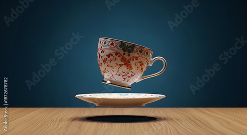  Levitating Ornamental Teacup and Saucer Floating Over Modern Wooden Surface