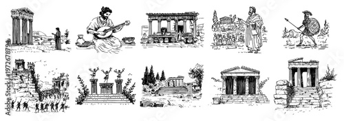 Ancient Greek cultural set with lyre player hoplite soldiers and temple architecture in hand drawn sketch style