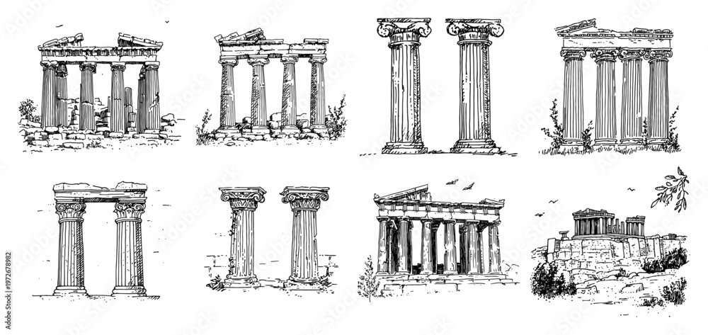 Fototapeta premium Ancient Greek temple ruins and architectural columns in sketch style