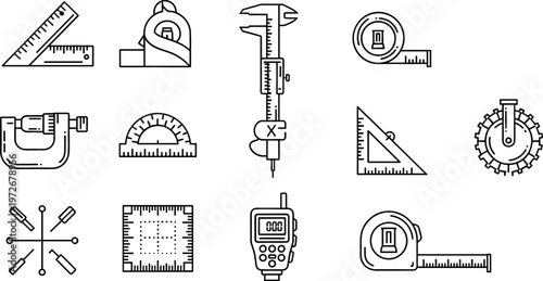 Precision Measurement and Technical Tools Icons Set, Featuring Calipers, Rulers, Tape Measure, Protractor, and Gauges for Engineering and Design