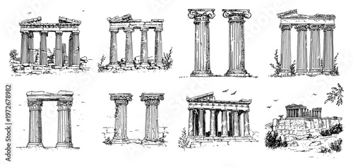 Ancient Greek temple ruins and architectural columns in sketch style