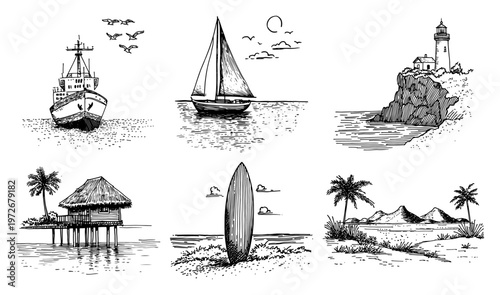 Nautical and tropical beach elements set featuring ships lighthouse and palm trees in sketch style