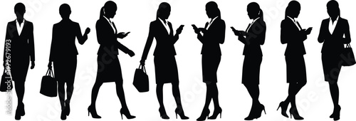 Businesswomen silhouettes, professional attire, corporate lifestyle, smartphone usage, office culture, modern workplace, career women, leadership, diversity, teamwork, success, collaboration
