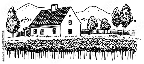 Vineyard landscape with rural farmhouse and mountain range in hand drawn sketch style