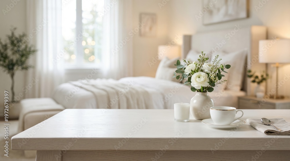 Naklejka premium Cozy White Bedroom Interior with Flowers and Tea Set for Home Decor