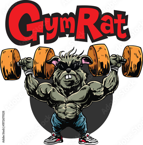 Muscular gym rat mascot in shades, tank top, sweating as he shoulder presses a loaded barbell - confident, strong, dedicated gym rat for logo, T-shirt, or emblem design.
