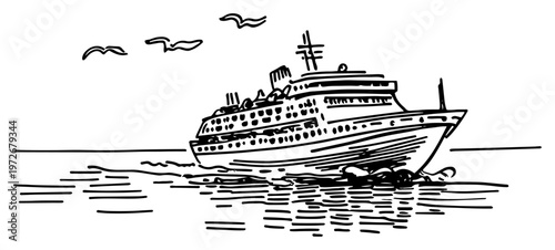 Cruise ship sailing on open sea with seagulls in hand drawn sketch style