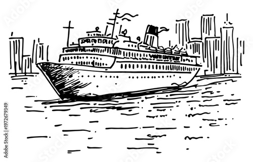 Large passenger liner in city harbor with skyscrapers in hand drawn sketch style