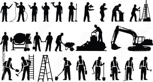 Construction silhouettes, workers with tools, industrial equipment, building labor, teamwork, heavy machinery, construction site, manual work, industry lifestyle, modern design concept