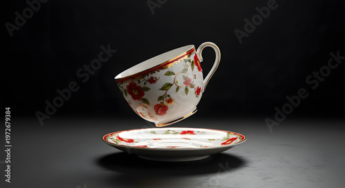 Surreal Levitation of Elegant Floral Porcelain Teacup Floating Above Matching Saucer