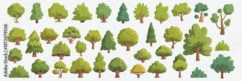 A collection of cartoon trees in various shapes and sizes isolated on white background, Vector