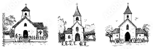 Rural church buildings with people gathered outside in sketch style