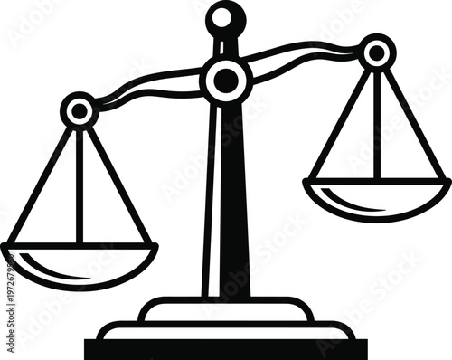 Black flat vector icon of a classic scale of justice with two balanced pans representing law, equality, legal authority, and fair judgment systems.