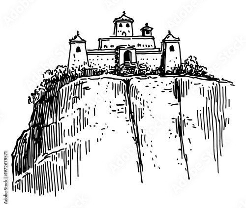 Medieval fortress built on top of a steep rocky cliff in hand drawn sketch style