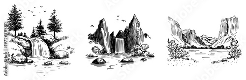 Nature landscape scenes including waterfalls and mountain valleys in hand drawn sketch style
