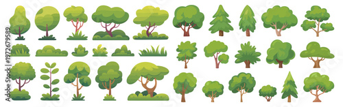 A collection of cartoon trees and bushes isolated on white background, Vector