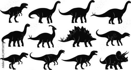 Dinosaur silhouettes, prehistoric creatures, fossil illustration, ancient wildlife, Jurassic diversity, natural history, paleontology concept, minimal art, modern design, evolution study